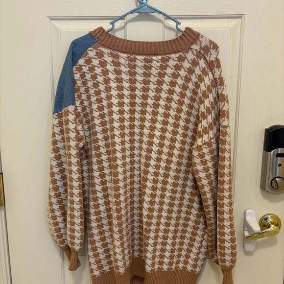 By Egreis Houndstooth Denim Patchwork Cardigan Sweater Brown Tan - Picture 5 of 6